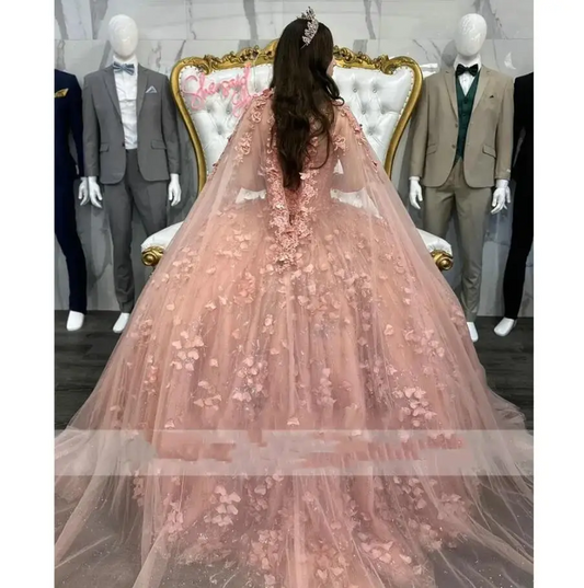 Rose Gold 3D Flowers Crystal Quinceanera Dress With Cape Appliques Beading Tassel Corset Vestidos De XV Anos sweet 15