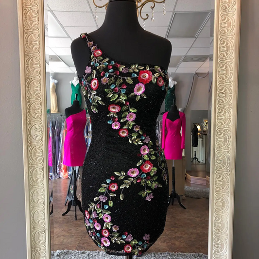 Music Festival Party Dress Floral Sequin Sexy Cocktail Hoco Mini Black Gown Straps Back One-Shoulder Christmas