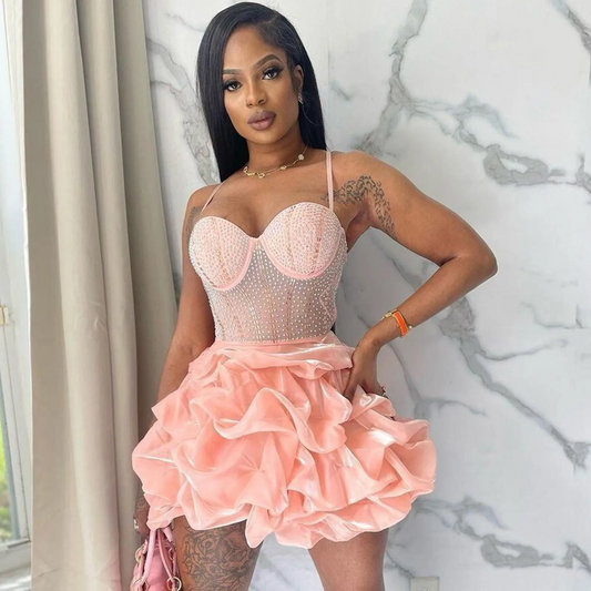 New Women Summer Strap Mesh Patchwork Diamonds Sexy Party Ball Gown Dresses Fashion Rhinestone Night Club Cake Dress White