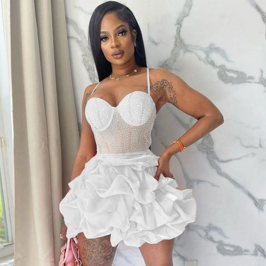 New Women Summer Strap Mesh Patchwork Diamonds Sexy Party Ball Gown Dresses Fashion Rhinestone Night Club Cake Dress White