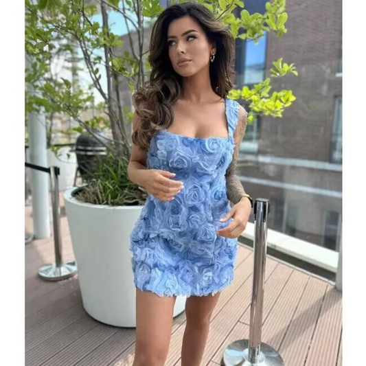 Sexy Evening Dress For Women 3D Flower Spliced Sleeveless Solid Color Mini Birthday Dresses Summer