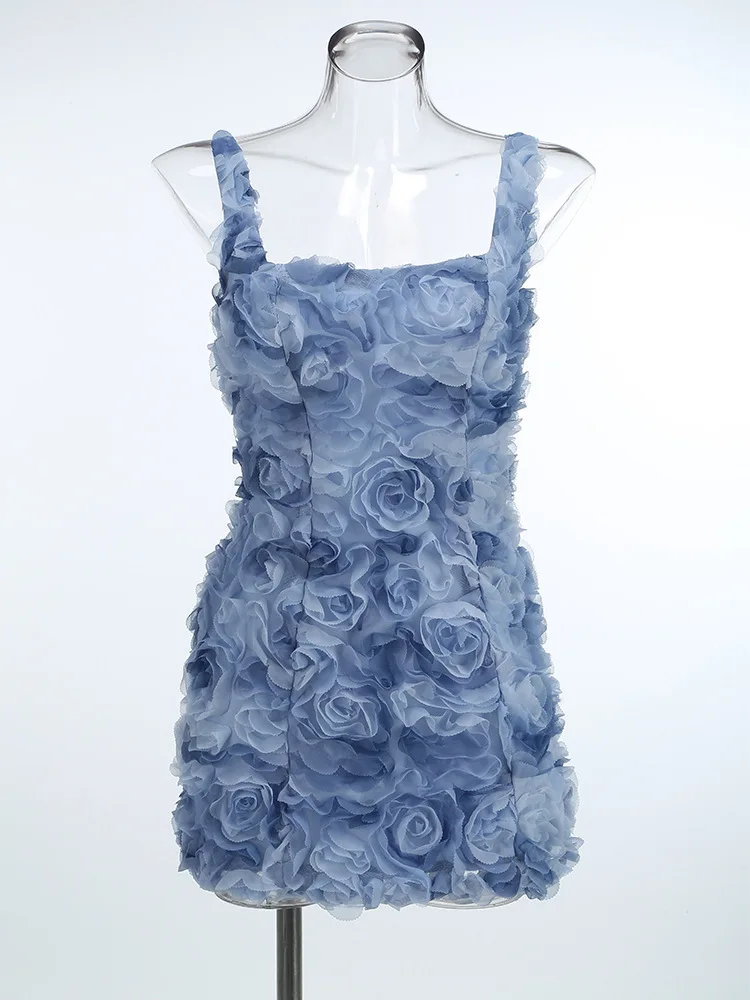 Sexy Evening Dress For Women 3D Flower Spliced Sleeveless Solid Color Mini Birthday Dresses Summer