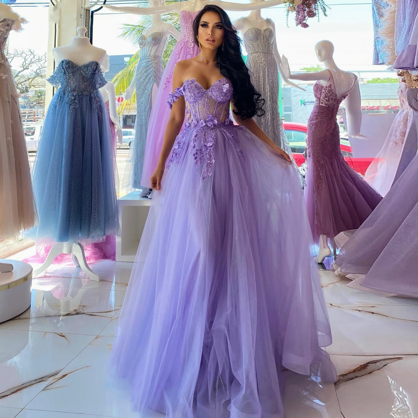 Lilac Tulle Off the Shoulder Prom Dresses Sweetheart A-line 3D Flower Homecoming Dress Elegant Lace Up Ruched Party Gowns