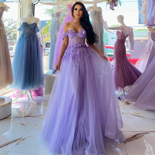 Lilac Tulle Off the Shoulder Prom Dresses Sweetheart A-line 3D Flower Homecoming Dress Elegant Lace Up Ruched Party Gowns