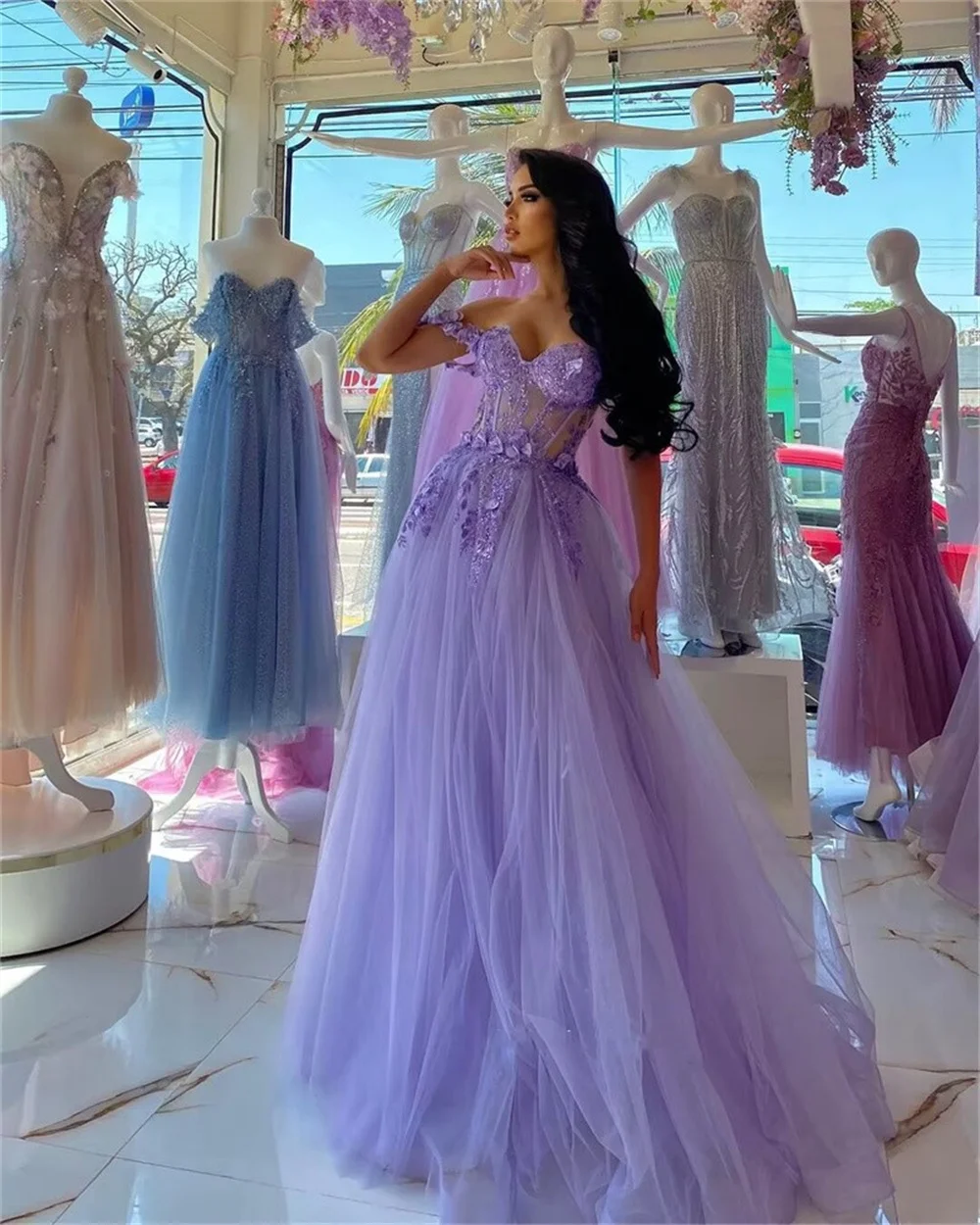 Lilac Tulle Off the Shoulder Prom Dresses Sweetheart A-line 3D Flower Homecoming Dress Elegant Lace Up Ruched Party Gowns