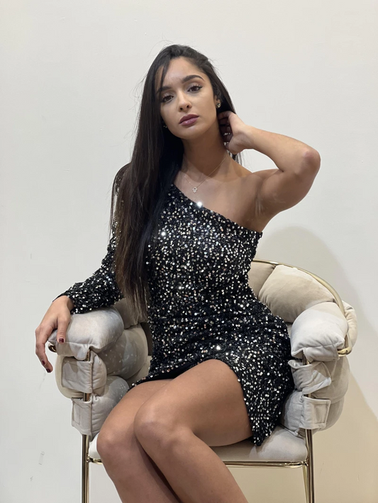 One Shoulder Mini Cocktail Dresses Sequins Long Sleeve Bodycon Evening Gowns Glitter Backless Club Wedding Party Dress New