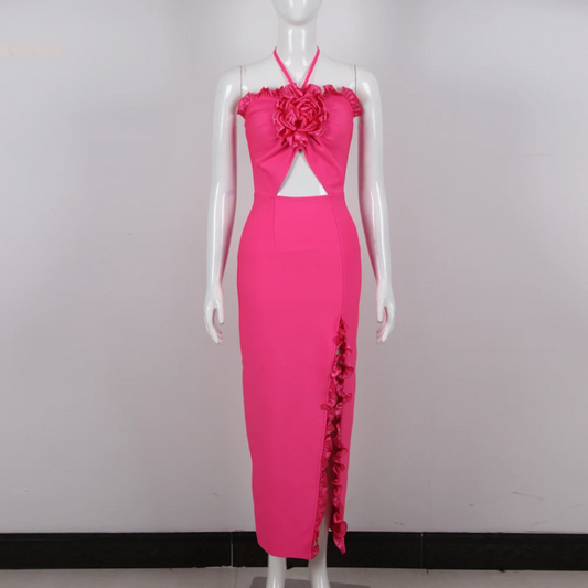 New Arrival Halter Floral Satin Dresses High Slit Sleeveless Bodycon Prom Dress Party Club Sexy Maxi Dresses