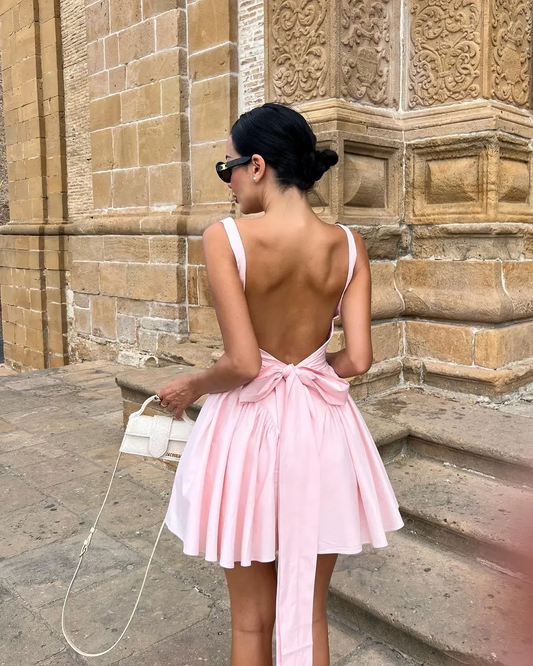 Neck Suspender Mini Dresses Summer Chic Female Party Vestidos Fashion Bow Backless Pleated Dress For Women Pink Solid Square