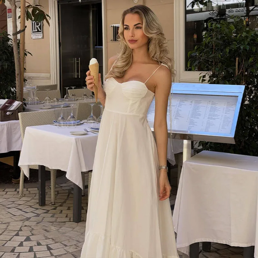 Solid color suspendersWomen's New Fashion Layered Decorated Poplin Dress Retro Backless