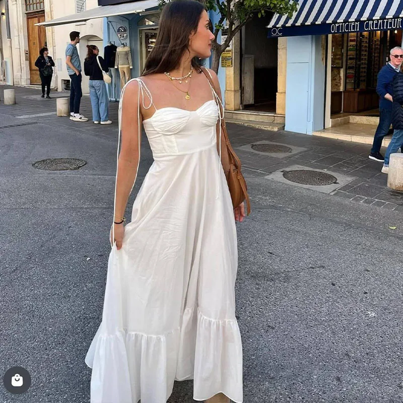 Solid color suspendersWomen's New Fashion Layered Decorated Poplin Dress Retro Backless