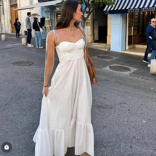 Solid color suspendersWomen's New Fashion Layered Decorated Poplin Dress Retro Backless