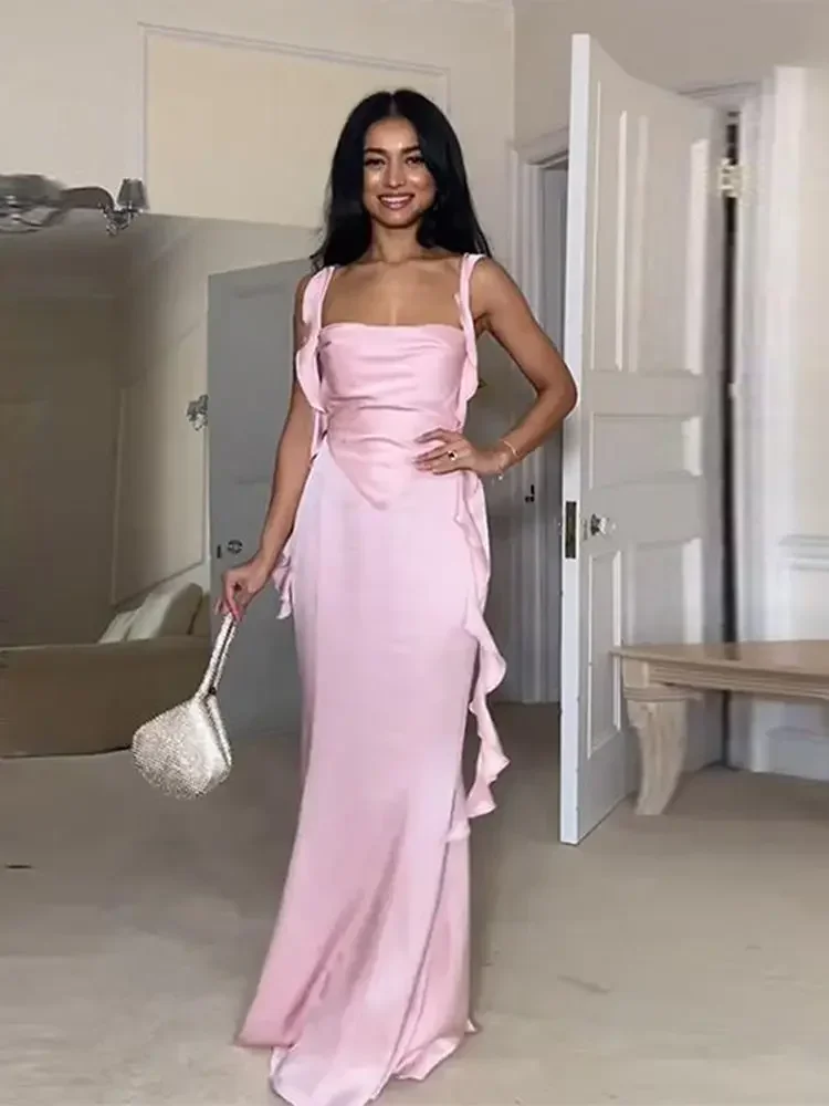 Spring Summer Fashion Women Dresses Elegant Ruffle Sleeveless Slim Tassels Pink Maxi Night Party