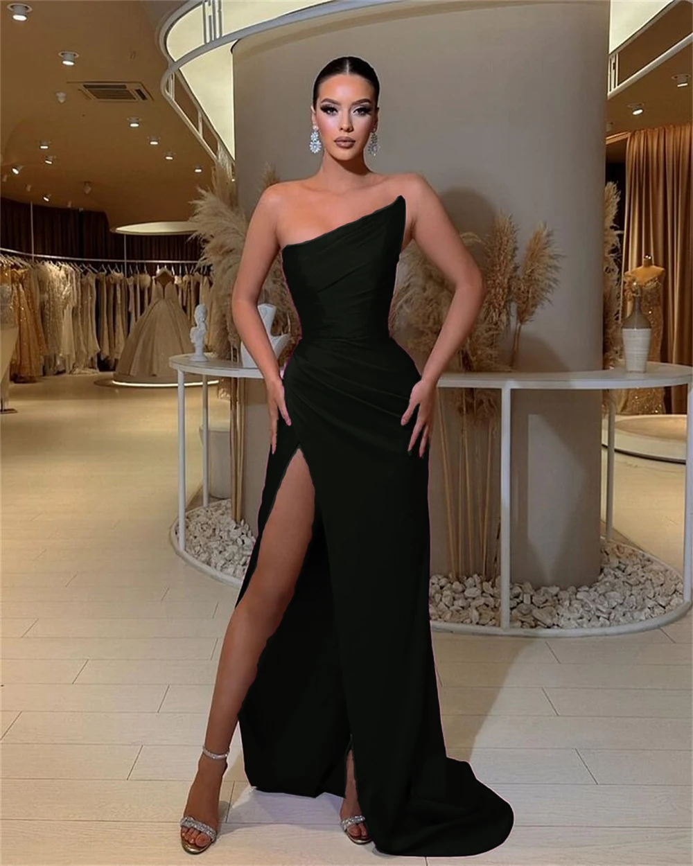 Satin Strapless Mermaid Prom Dresses With Split Pleated Corset Sleeveless Backless Formal Evening Gown Long Bridesmaid Gown
