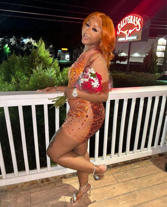 Orange Sparkly Mini Evening Cocktail Dresses for Black Girl Luxury Diamond Crystal Sheer Mesh Birthday Party Gala Dress