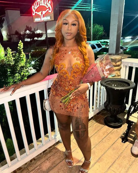 Orange Sparkly Mini Evening Cocktail Dresses for Black Girl Luxury Diamond Crystal Sheer Mesh Birthday Party Gala Dress