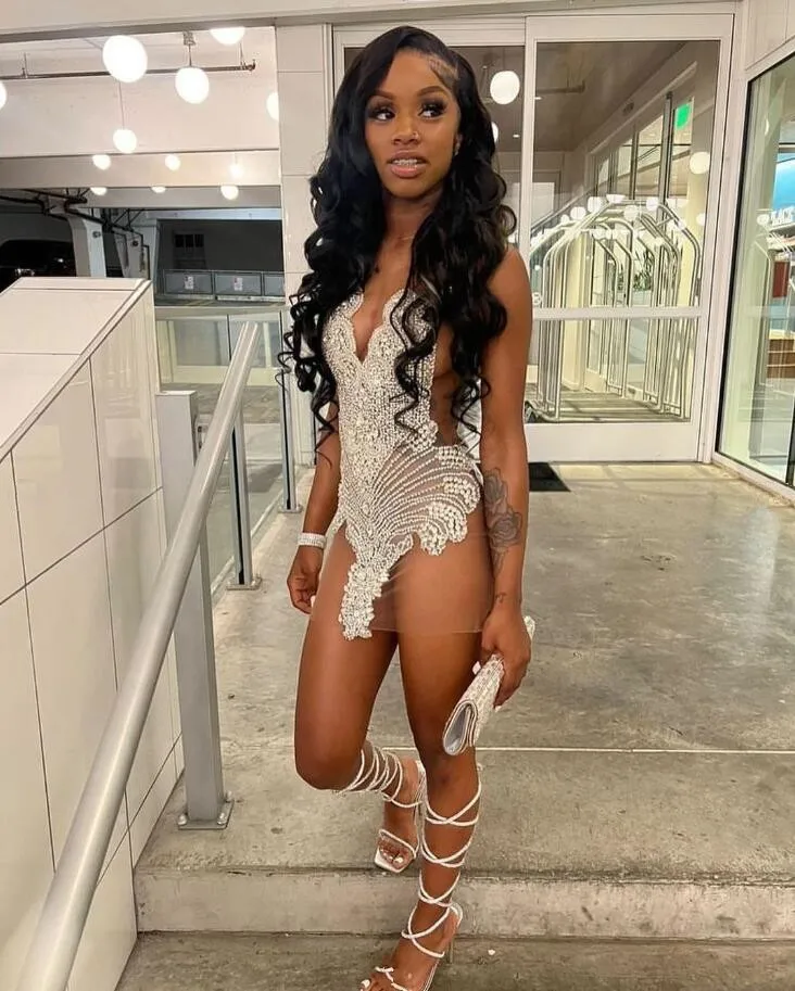 Ivy Silver Diamond Mini Evening Cocktail Dresses for Black Girl Sparkly Diamond Sheer Mesh Birthday Gala Prom Gown