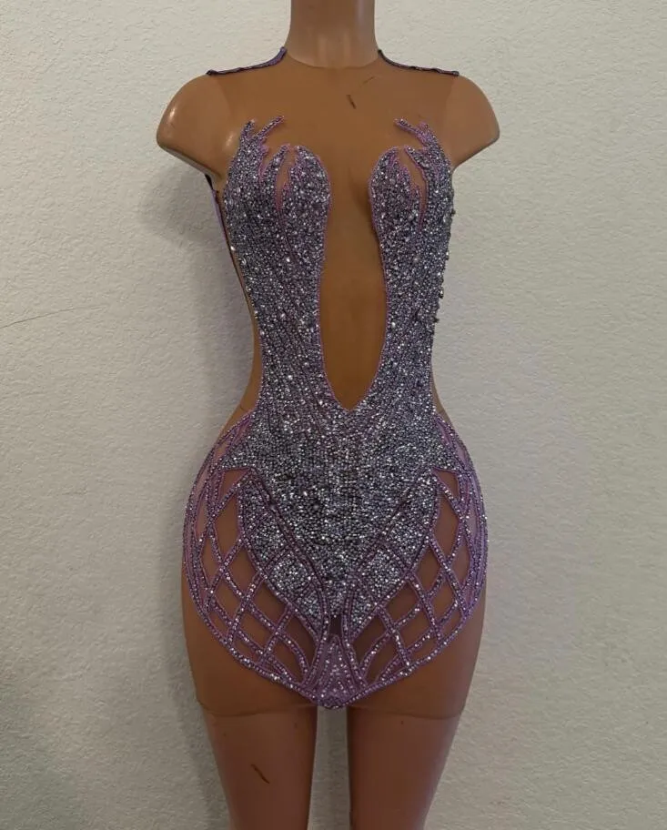 Lavender Purple Mini Evening Cocktail Dress Sparkly Diamond Crystal Birthday Party Gown
