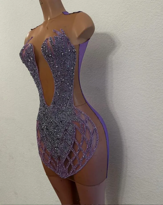 Lavender Purple Mini Evening Cocktail Dress Sparkly Diamond Crystal Birthday Party Gown
