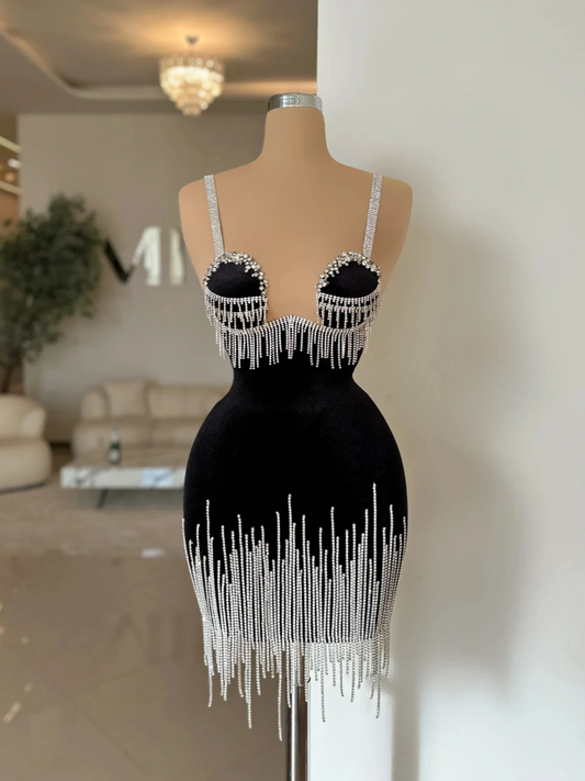 Black Velvet Evening Dress Party Birthday Crystals Tassel Bride Mini Sheath Bridal Dresses