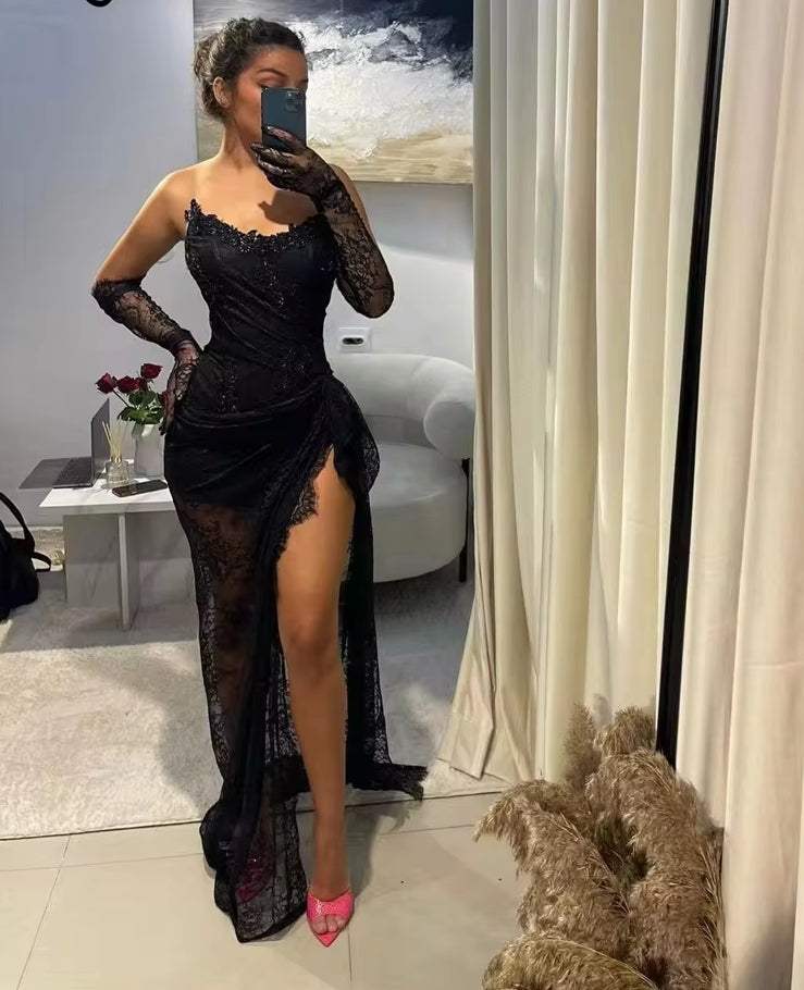 Sexy Black Long Prom Dresses With Two Gloves Corset Lace-up Back Appliques Wedding Reception Birthday Party Gowns
