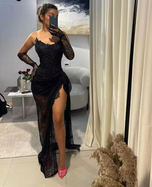 Sexy Black Long Prom Dresses With Two Gloves Corset Lace-up Back Appliques Wedding Reception Birthday Party Gowns