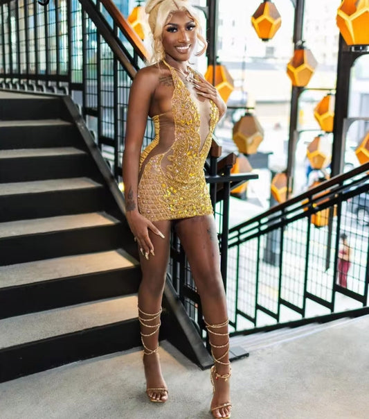 Glitter Gold Diamonds Prom Dress Halter Glitter Bead Crystal Rhinestones Birthday Party Cocktail Senior Homecoming Gown