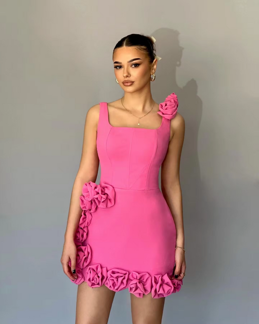 Cute Flowers Satin Prom Party Dress Pretty Girls Mini Brithday Gowns Sleeveless Handmade Floral Short Evening Dresses