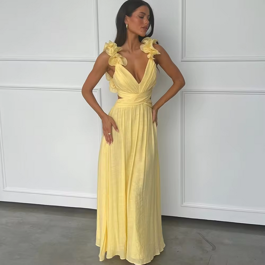 Summer Yellow Beach Prom Dress Sexy Backless Floor Length Sleeveless Gown V-Neck Custom Luxury Long Evening Gown
