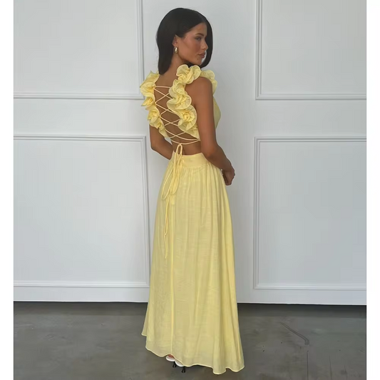Summer Yellow Beach Prom Dress Sexy Backless Floor Length Sleeveless Gown V-Neck Custom Luxury Long Evening Gown