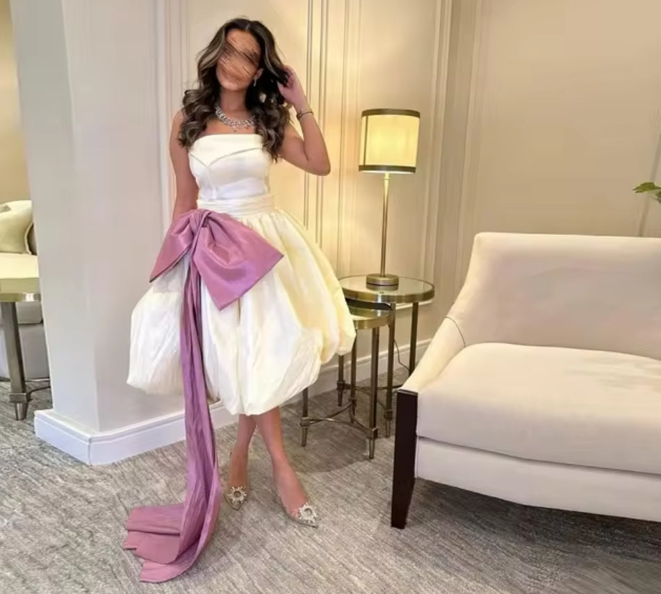 New Mid Evening Dresses Sleeveless Tea-Length Strapless Bow Women Formal Occasion Party Dress