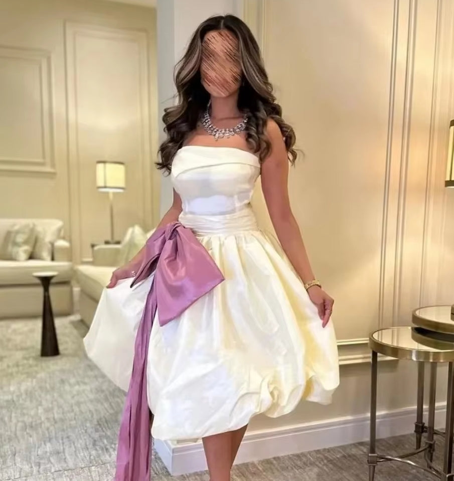 New Mid Evening Dresses Sleeveless Tea-Length Strapless Bow Women Formal Occasion Party Dress