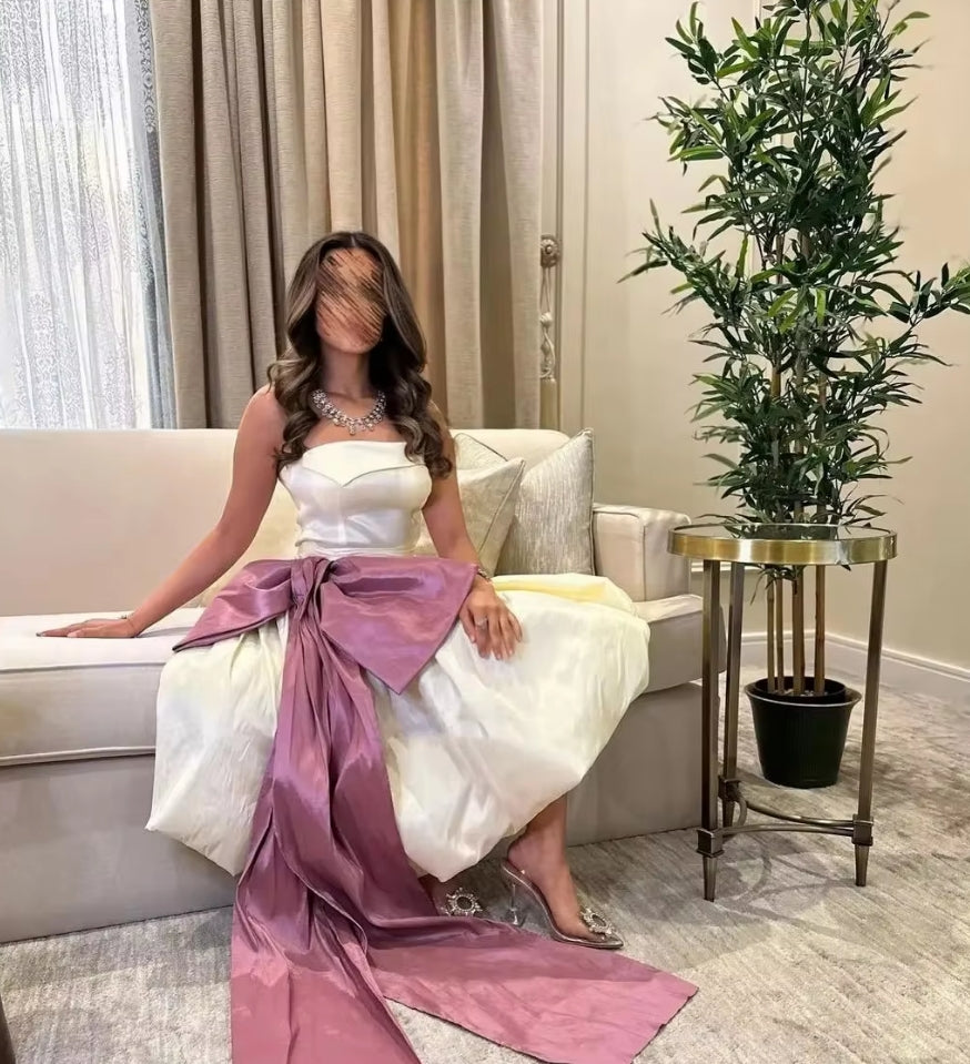 New Mid Evening Dresses Sleeveless Tea-Length Strapless Bow Women Formal Occasion Party Dress