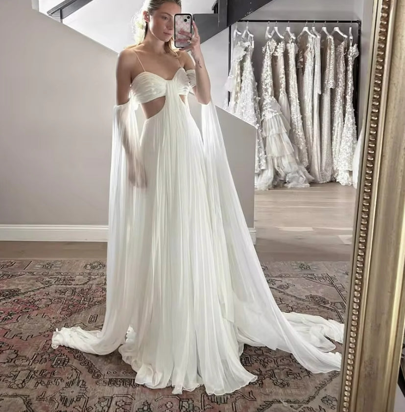 Simple White Wedding Dress Chiffon Long Sweetheart Cape Sleeves Long Bride Dresses Formal Bridal Gowns for Women