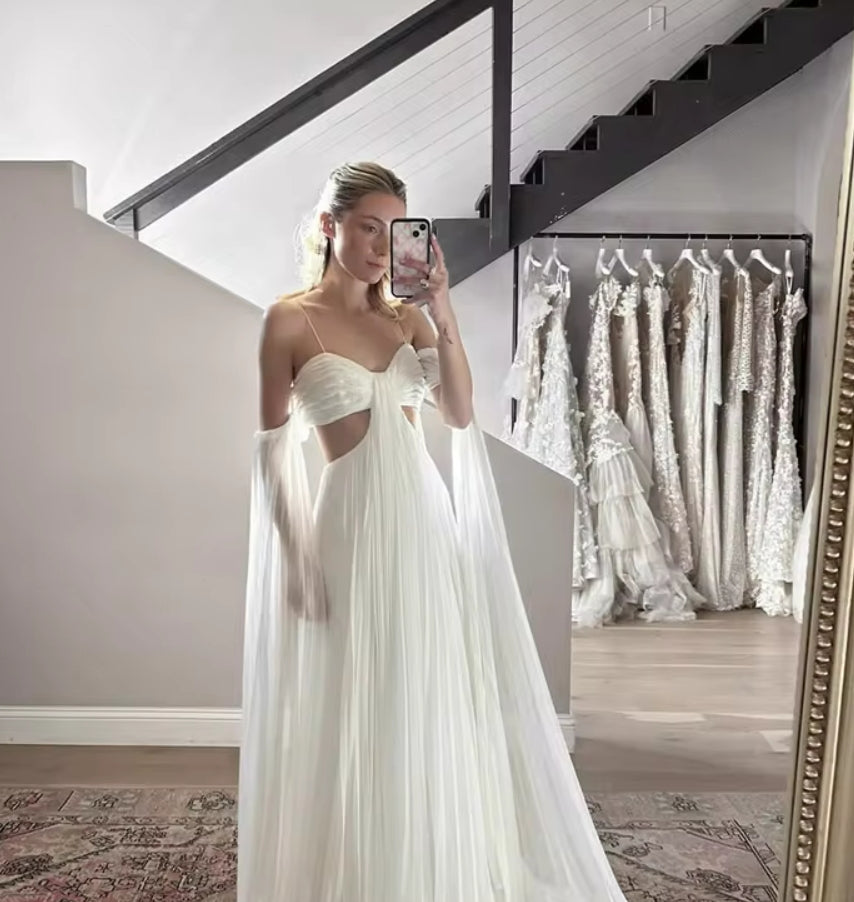 Simple White Wedding Dress Chiffon Long Sweetheart Cape Sleeves Long Bride Dresses Formal Bridal Gowns for Women