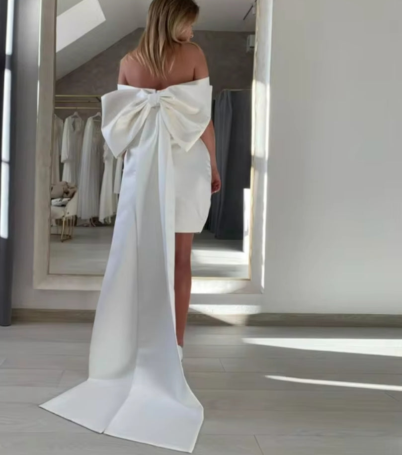 Satin Wedding Dresses Short with Detachable Big Bow Off the Shoulder Simple Bride Dress Beach Bridal Gowns