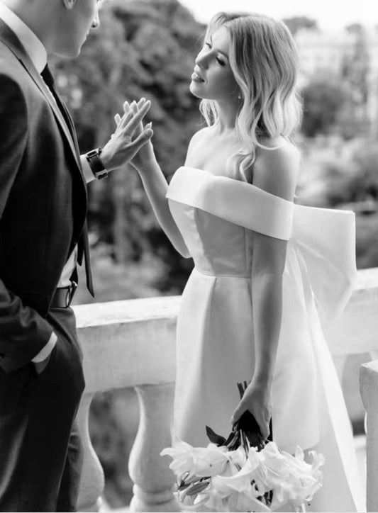 Satin Wedding Dresses Short with Detachable Big Bow Off the Shoulder Simple Bride Dress Beach Bridal Gowns