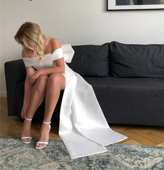 Satin Wedding Dresses Short with Detachable Big Bow Off the Shoulder Simple Bride Dress Beach Bridal Gowns