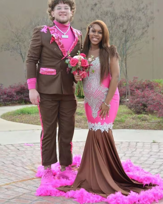 Fuchsia Brown Sparkly Evening Ceremony Dresses for Black Girl Luxury Diamond Feather African Prom Gala Gown Plus Size