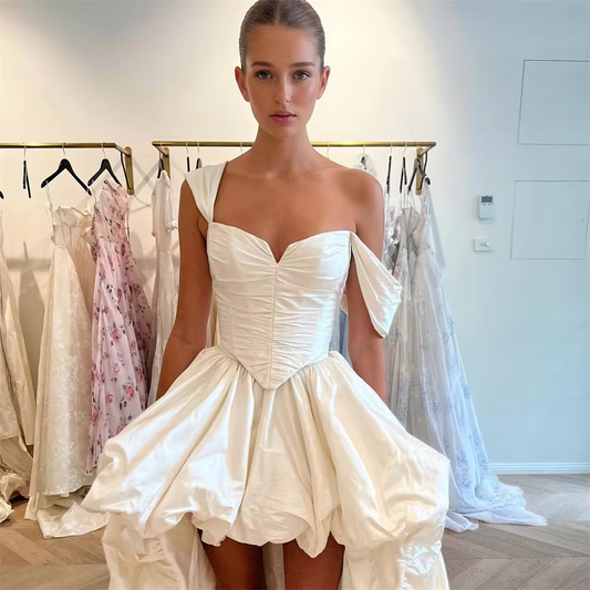 Real Photos Elegant Pleat Taffeta Wedding Dress For Bride Women Evening Party Backless Bridal Gown With Corset