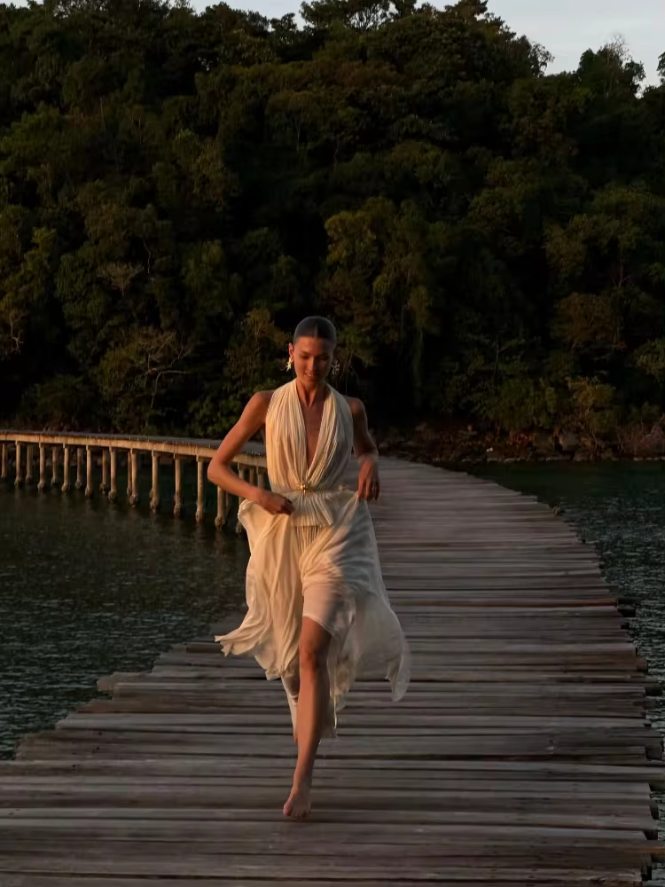 Women Sexy Gauze Backless Halter Pleated Cropped Tank Tops Suits Chic Splited Elastic Waist Long Skirts 2 Pcs Sets Lady Outfits