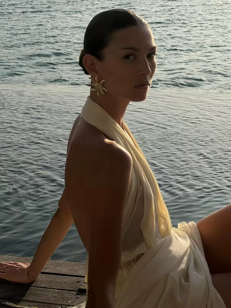 Women Sexy Gauze Backless Halter Pleated Cropped Tank Tops Suits Chic Splited Elastic Waist Long Skirts 2 Pcs Sets Lady Outfits