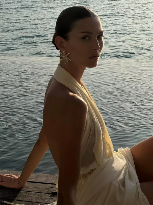 Women Sexy Gauze Backless Halter Pleated Cropped Tank Tops Suits Chic Splited Elastic Waist Long Skirts 2 Pcs Sets Lady Outfits