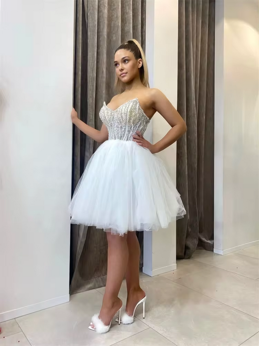 White Ball Gown Prom Dress Sexy Mini/short Sweetheart Pearls Tulle Slim Elegant Women's Cocktail Homecoming Dress