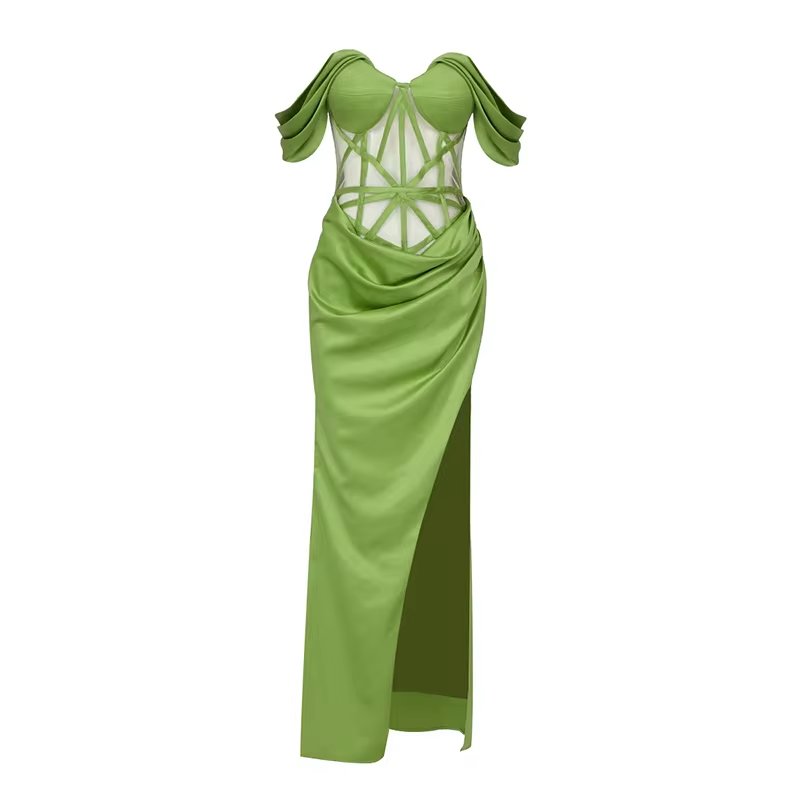 Women Sexy Mint Cut Out Ruffles Satin Ball Gowns High Slit Birthday Party Evening Dresses Long Club Prom Dress