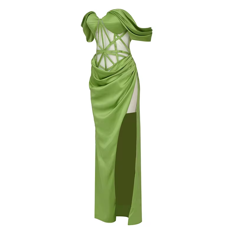 Women Sexy Mint Cut Out Ruffles Satin Ball Gowns High Slit Birthday Party Evening Dresses Long Club Prom Dress