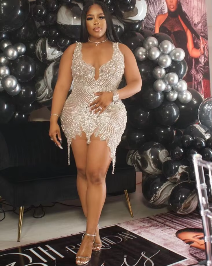 Silver Diamond Mini Evening Cocktail Dresses for Women Luxury Sparkly Sheer Mesh Birthday Gala Dress Black Girl