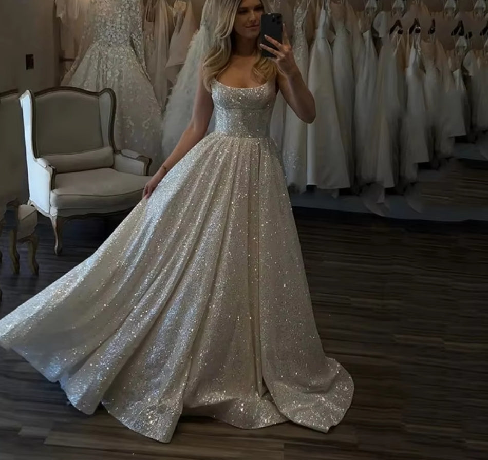 Shiny Wedding Dress A Line Glitter Tulle Bride Dresses Spaghetti Strap U Neck