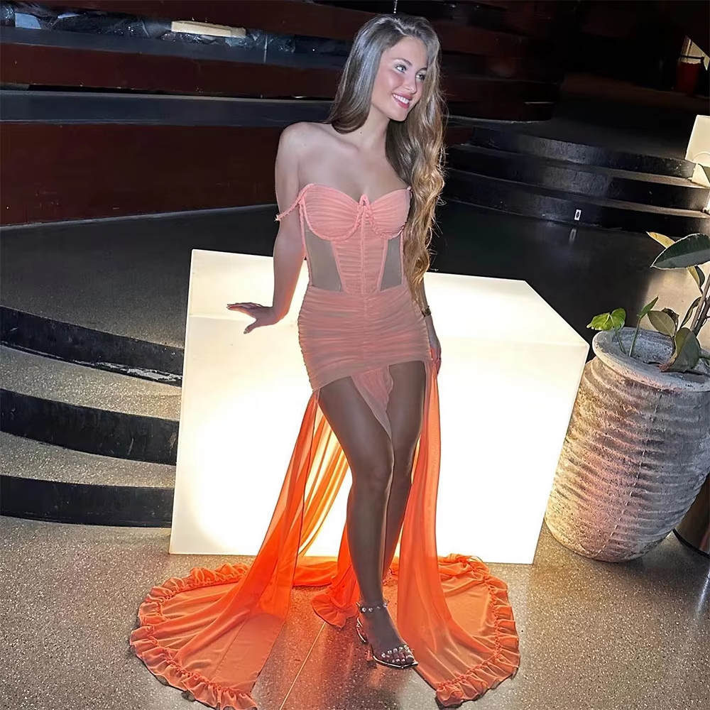 Orange Prom Dress Long Sweetheart Off the Shoulder Mermaid Evening Dress for Women Cut-out Thigh-High Slit Sexy Party Dress