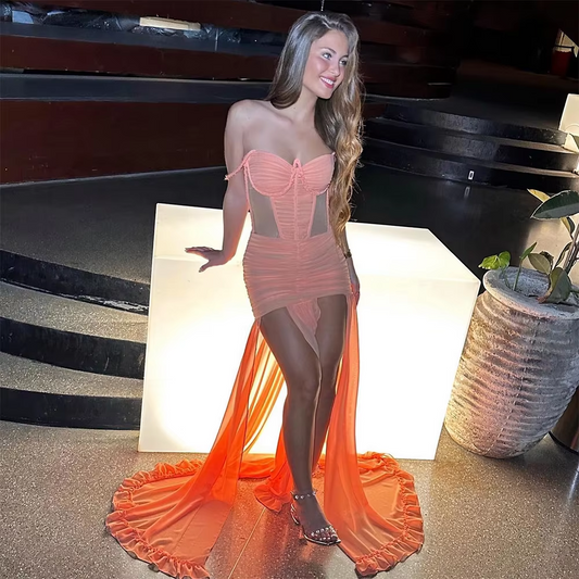 Orange Prom Dress Long Sweetheart Off the Shoulder Mermaid Evening Dress for Women Cut-out Thigh-High Slit Sexy Party Dress