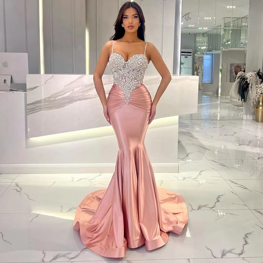 Elegant Pink Mermaid Prom Dresses Custom Made Beaded Spaghetti Strap Formal Occasion Dress